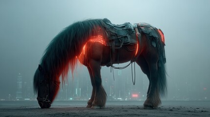 A majestic horse with glowing red neon harness grazes in a foggy urban environment with city skyscrapers faintly visible in the background.