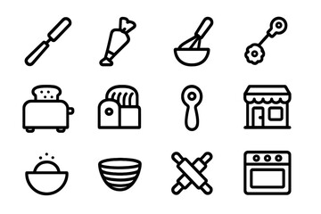 Kitchen utensils and bakery tools vector illustration - flat line icon set for culinary designs
