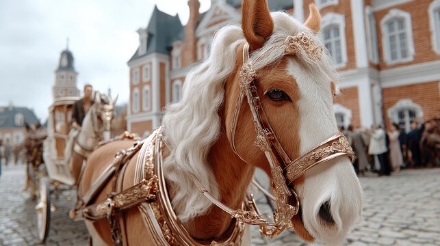 A close-up of a decorated white and brown horse in front of a historic building with a rider and another horse in the background on a cobblestone street.