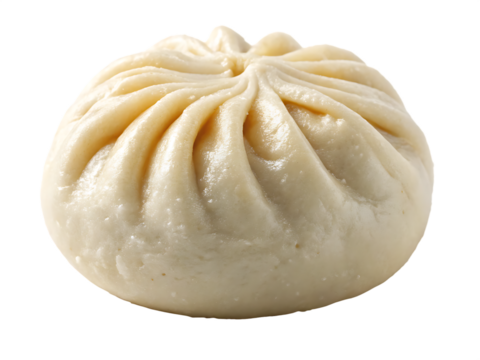 A single pale yellow steamed bao bun with visible pleats on its surface isolated on a transparent background