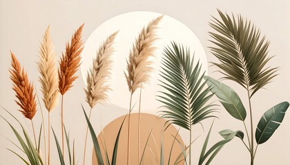 Bohemian Pampas Grass and Palm Leaves Still Life