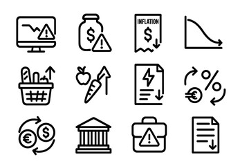 Economic impact vector illustration: inflation, market trends, financial alerts in line style for business design