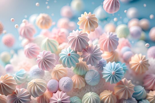 A heap of pastel colored meringue candies creates a sweet and colorful background