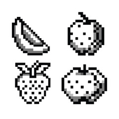 8-bit 16-bit Fruits NES-style Pixel Art Icon Set. Monochrome Retro Gaming Sprites. Food & Healthy Symbols