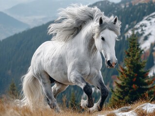 Obraz premium A majestic white horse gallops through a snowy mountain landscape with pine trees and rugged peaks in the background.