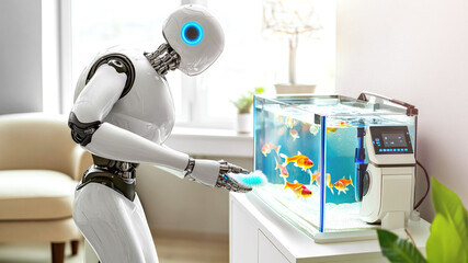 Humanoid robot with sleek white design cleans a fish tank in a bright modern living room. Concept of artificial intelligence assisting with household chores and pet care automation