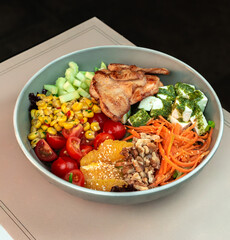 Fresh Fit Bowl with Grilled Chicken, Orange, Feta, Corn and Veggie Medley. Ideal for Healthy Food Blogs, Meal Prep Ads and Restaurant Menus