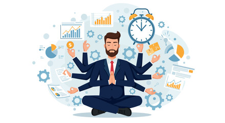 Multitasking businessman with multiple arms in meditation pose vector illustration for productivity and time management design