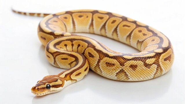 Close-up of a stunning ball python, its mesmerizing patterns and smooth scales highlighted against a stark white backdrop, ideal for pet care or educational content.

