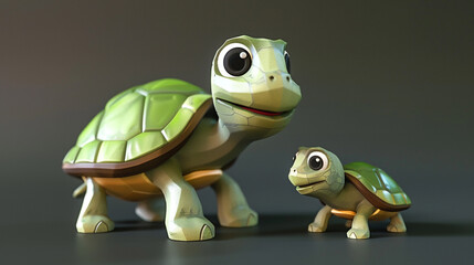 Fototapeta premium Two adorable 3D animated turtles with big eyes sit on the ground with blurred bokeh lights. 
