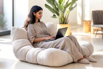 Middle Eastern young woman in cozy boucle bean bag chair working on laptop in bright, modern living room with plants on background. Concept of comfort and productivity in contemporary home interior