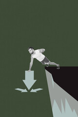 Creative artwork template sketch image 3D collage of young sportsman stand training exercise hand hold arrow think way plan startup goal