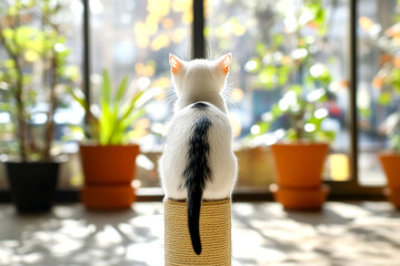 White cat sitting quietly on scratching post, basking in soft sunlight by large window with potted green plants around. Concept of hygge with domestic pets, home coziness and peaceful everyday life