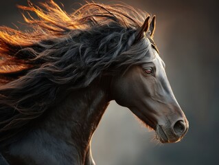 Obraz premium A close-up side profile of a black horse with a flowing mane illuminated by warm light against a blurred background.