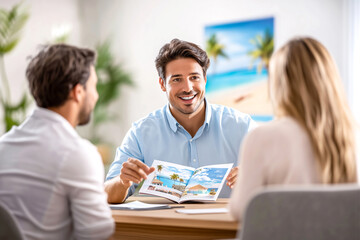 Travel agent man with friendly smile presenting vacation brochures to couple in bright, modern office. Concept of international travel agency service, travel planning and booking vacation for clients