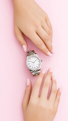 Woman luxury wristwatch with a white dial and diamond accents with female hands on a pastel pink background. Concept of high-end accessories, modern branding and timeless elegance in fashion. Vertical