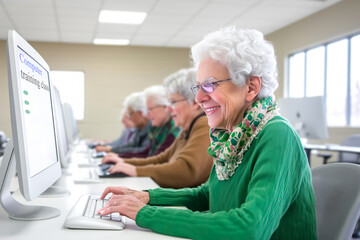 Senior woman smiling using computer during learning class with other older adults in classroom. Concept of group tech education, cognitive engagement through digital literacy in aging populations
