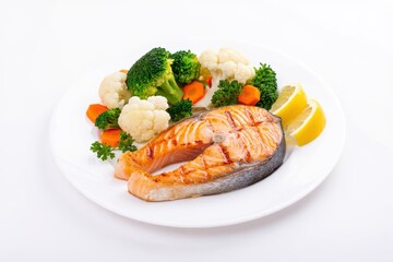Grilled salmon steak with steamed broccoli cauliflower and lemon slices fish seafood