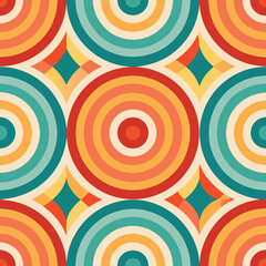 Colorful circular geometric pattern with retro inspired design showcasing abstract shapes and symmetrical arrangements