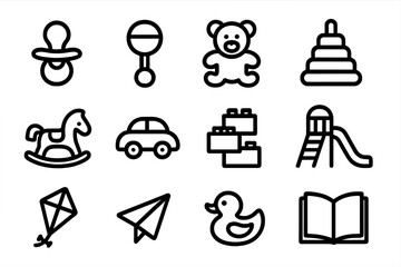 Baby and toddler toys vector illustration set in minimalist line style for children's design