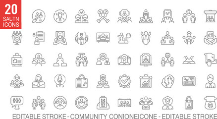 Collection of business and community icons in outline style on white background