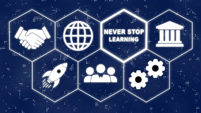 A Never Stop Learning concept on a futuristic. Hi tech motion graphic background, white flickering dots on black background. Business, Technology, Internet and network concept.