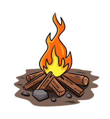 Cartoon camp fire illustration with wooden logs and stones on white background for camping and outdoor adventure clipart