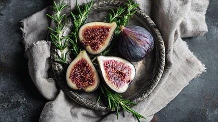 Flat lay of split-open figs, rosemary sprigs, and weathered metal tray with linen napkin