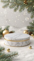 Elegant Marble and Gold Christmas Product Display: Festive Winter Scene with Pine Branches, Ornaments, and Sparkling Lights.