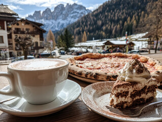 Italian Village Terrace Featuring Foamy Cappuccino Classic Margherita Pizza And Rich Tiramisu Slice Against Snow-Dusted Dolomite Peaks. Dolomites Café Treat