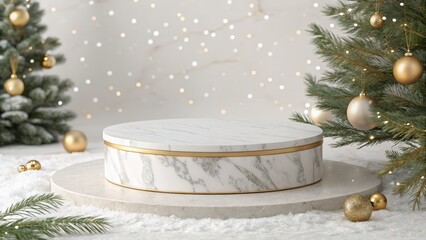 Elegant Marble and Gold Christmas Display Platform; Festive Mockup with Snowy Base, Decorated Tree, and Sparkling Lights.