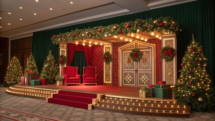 Elegant Christmas stage setting:  red velvet chairs, ornate doors,  festive greenery, twinkling lights, and beautifully wrapped gifts create a luxurious holiday mood.
