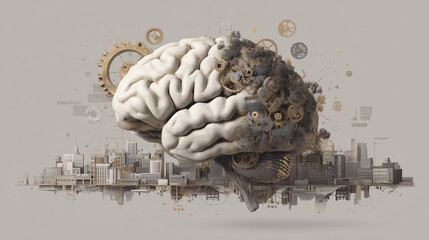 Abstract brain render surrounded by gears and cityscape elements