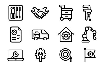 Maintenance and repair tools vector illustration - black linear icons for service design