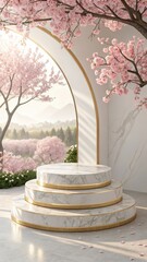 Serene Marble Display Platform with Gold Accents, Under Blooming Cherry Blossoms, Peaceful Spring Garden View.