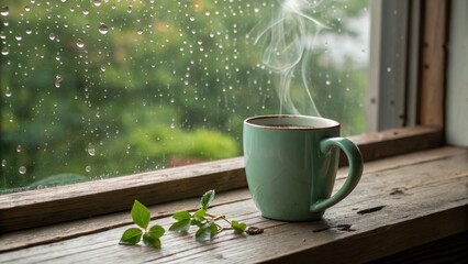 Serene steamy coffee mug on rustic windowsill, rain-streaked window, green foliage, cozy autumn mood, peaceful atmosphere, contemplative scene.