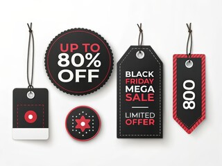 Black Friday Sale:  Modern Red and Black Price Tags, Discount Labels, and Promotional Badges;  Up to 80% Off Limited Offer.