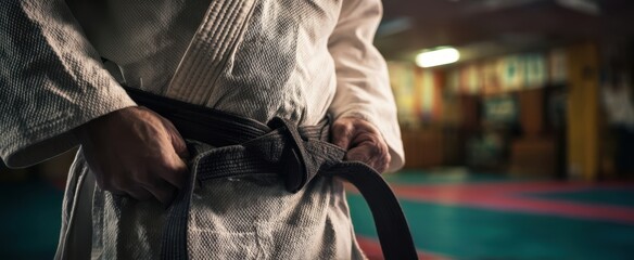 The athlete tying a black belt in a judo dojo before training session.