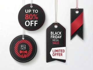 Black Friday Sale:  Elegant Red and Black Hanging Tags,  Up to 80% Off, Limited Offer, Mega Sale Promotion.