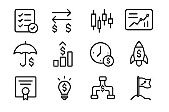Financial and business icons vector illustration for web and app design, featuring strategy, growth, and analytics