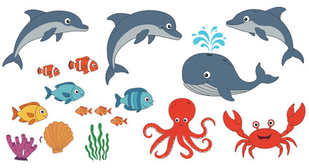 Fototapeta premium Colorful marine life vector illustration featuring dolphins, whale, fish, coral, and sea creatures for ocean-themed designs