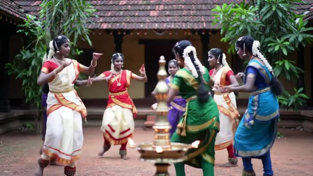 young women in traditional sarees performing traditional thiruvathira dance around lamp in kerala house courtyard with tropical surroundings. concept of indian culture, cultural event