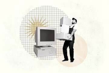 Full 3d poster art pop collage of happy businesswoman businessman stand pc monitor desktop mouse...