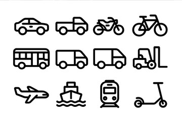 Transportation vector illustration set featuring various vehicles in minimalist line style for design projects