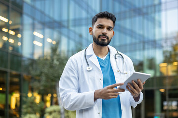 A male doctor holds a tablet, wearing a white coat and stethoscope, standing outdoors in front of a...