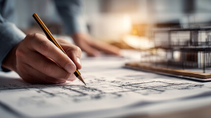 Architects concept, engineer architect designer freelance work on start-up project drawing, construction plan architect design working drawing sketch plans blueprints and making construction model