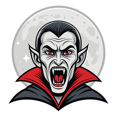 Pale vampire face screaming under full moon. Eerie, nocturnal scene.