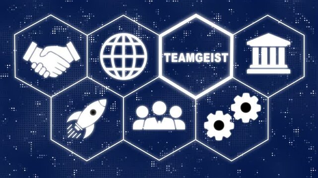 A Team Spirit "Teamgeist" button in German on a futuristic display. Hi tech motion graphic background, white flickering dots on black background. Business, Technology, Internet and network concept.