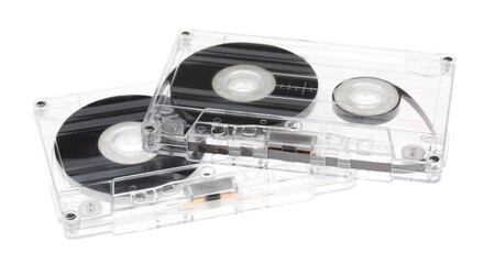 Audio cassettes with magnetic tapes isolated on white