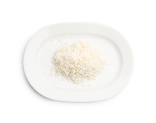 Plate with cooked rice isolated on white, top view